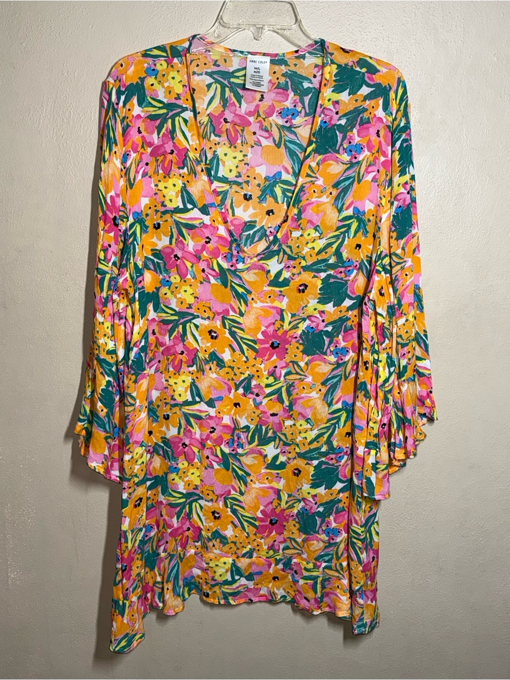 Women’s Anne Cole Floral V-Neck Cover-Up Tunic in Yellow, Pink & Green Sz M/L